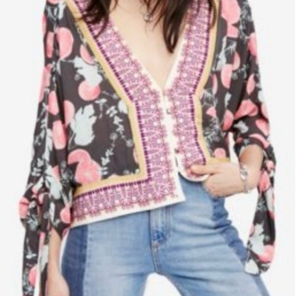 Free People Freshly Squeezed Knit Oversized Blouse Tie Sleeves Button Front XS - Picture 7 of 12